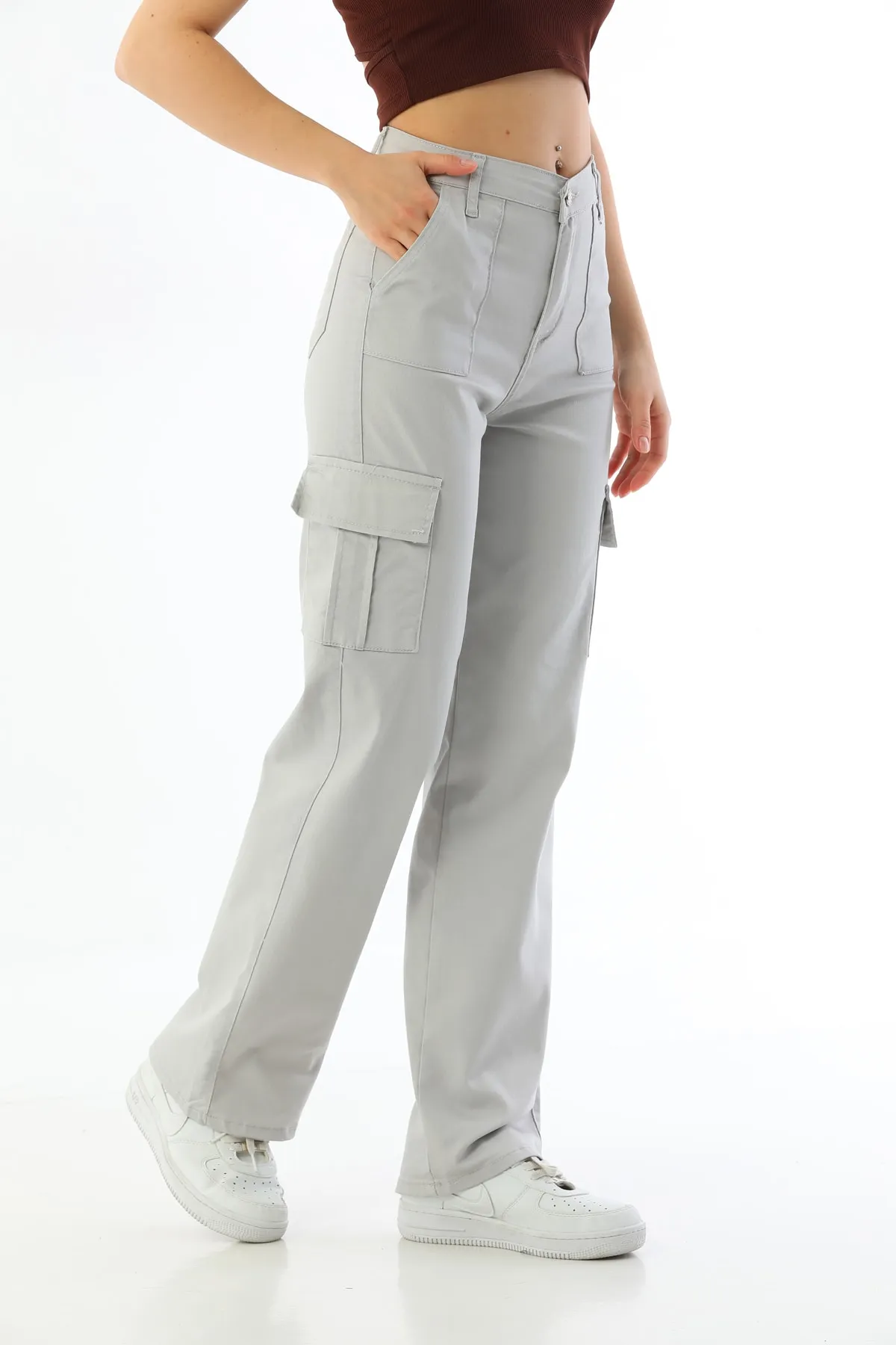  Taş Gri Kargo Cepli Likralı Yüksek Bel Wide Leg Pantolon