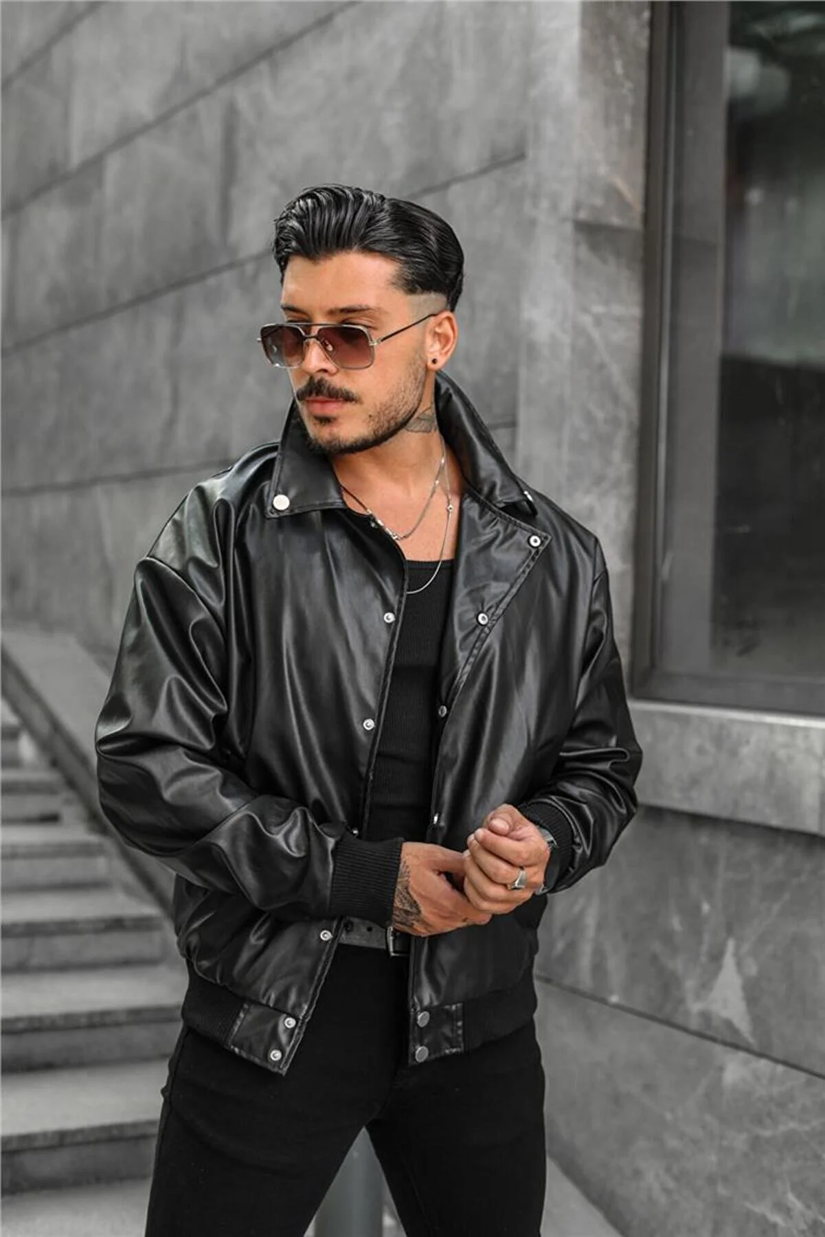 Erkek Deri Basic Yaka Deri Oversize Ceket Siyah