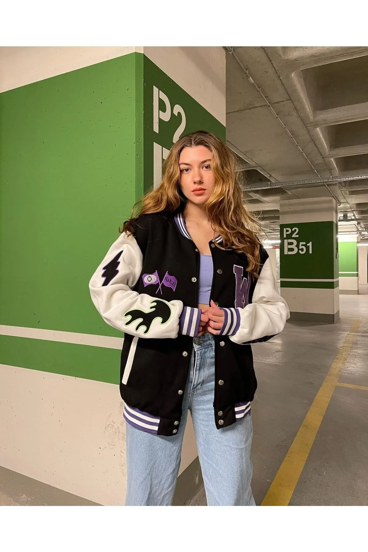 Siyah W Wild One Oversize 3 Iplik Kolej Ceket KOLEJLER