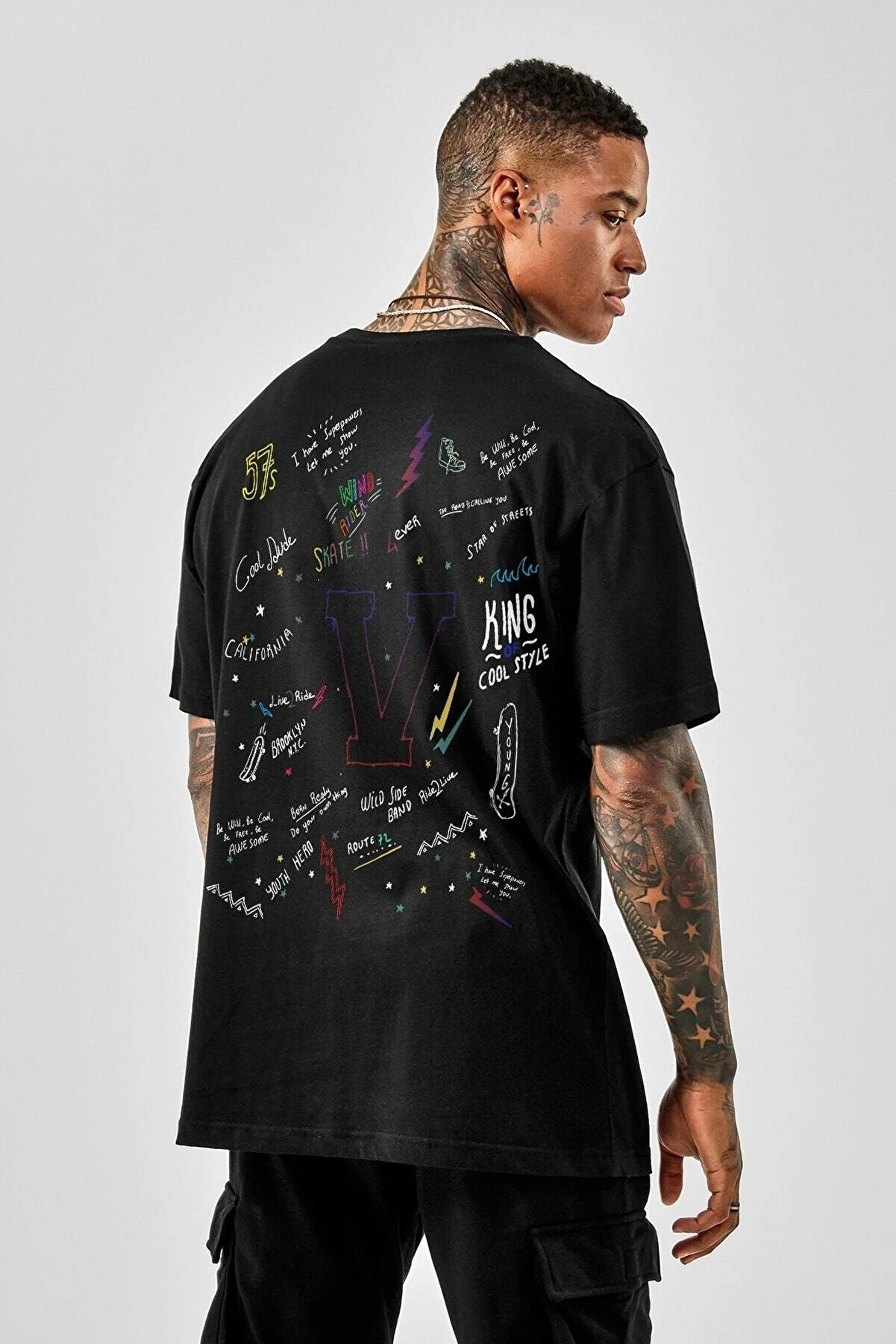 Oversize Cool Dude Baskılı Siyah Tshirt