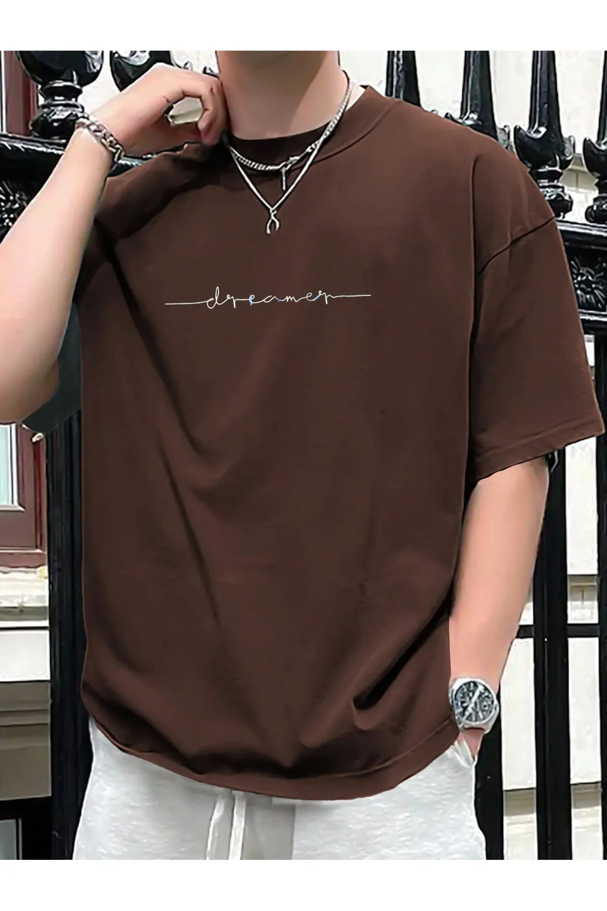 Blacksokak Erkek Kahverengi Dreamer Baskılı Oversize Bisiklet Yaka Tshirt