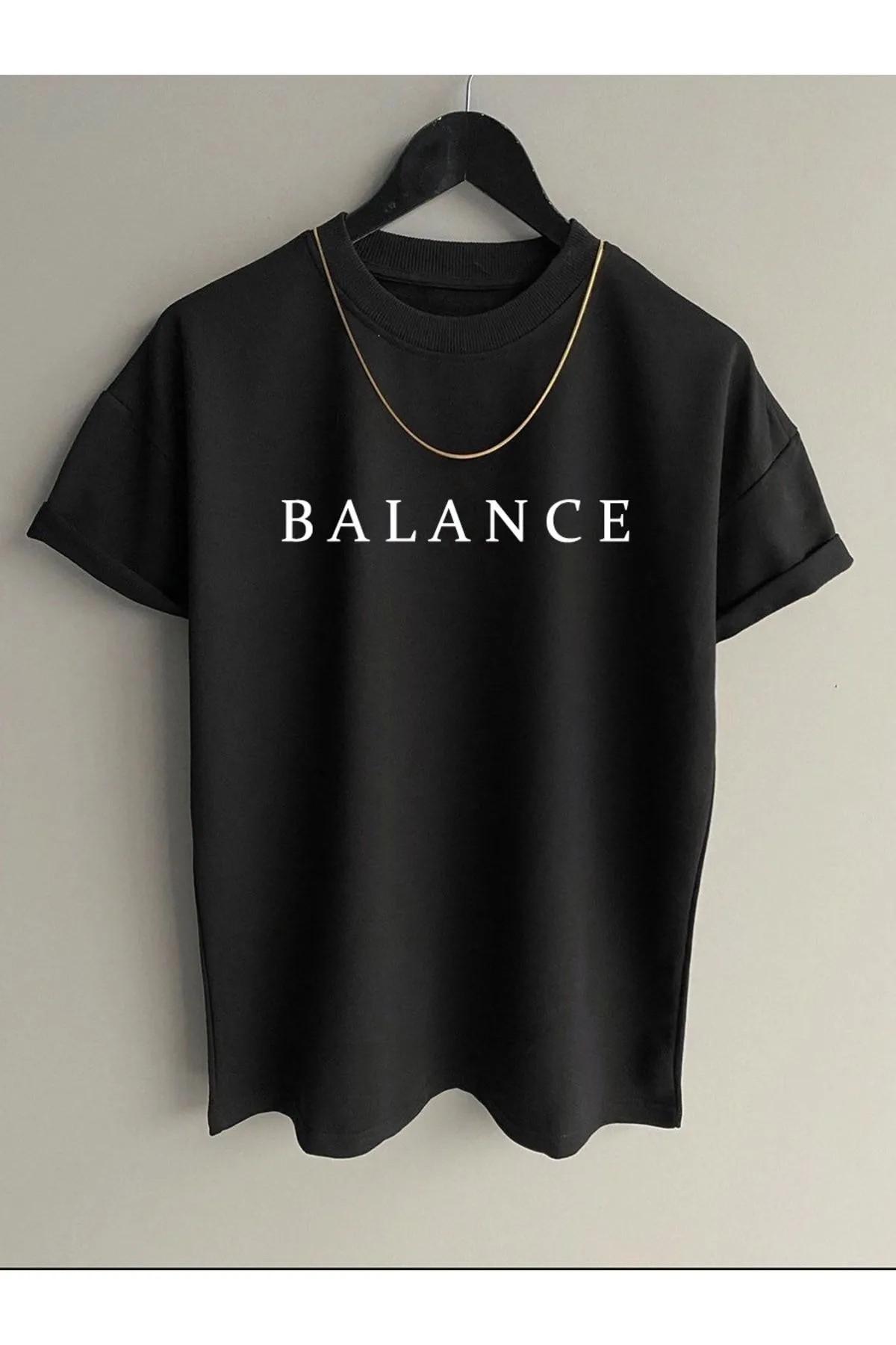 Erkek Siyah Balance Baskılı Oversize T-Shirt PL-EBLNCE