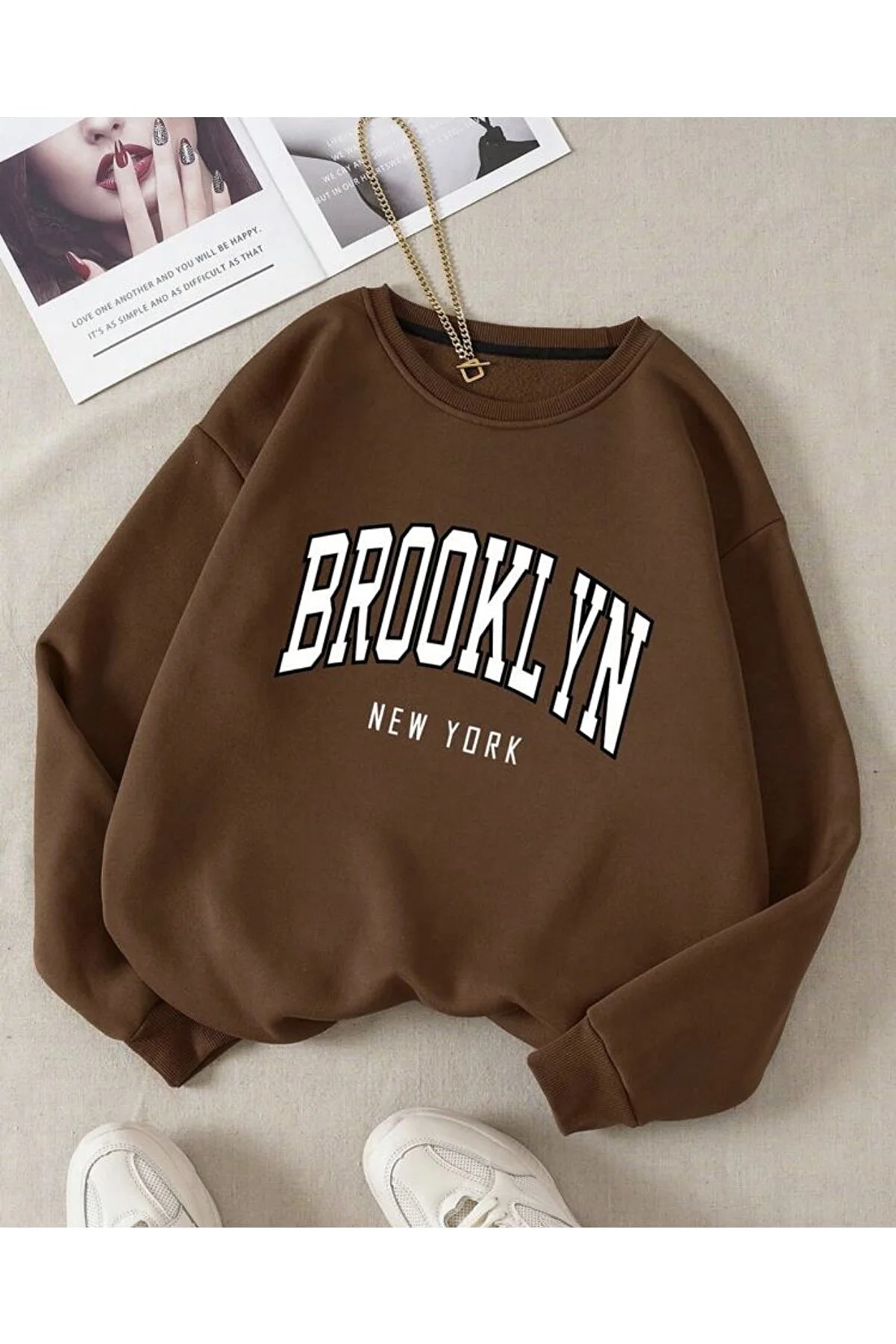 Ünisex Kahverengi Bronklyn Baskılı Oversize Sweatshirt