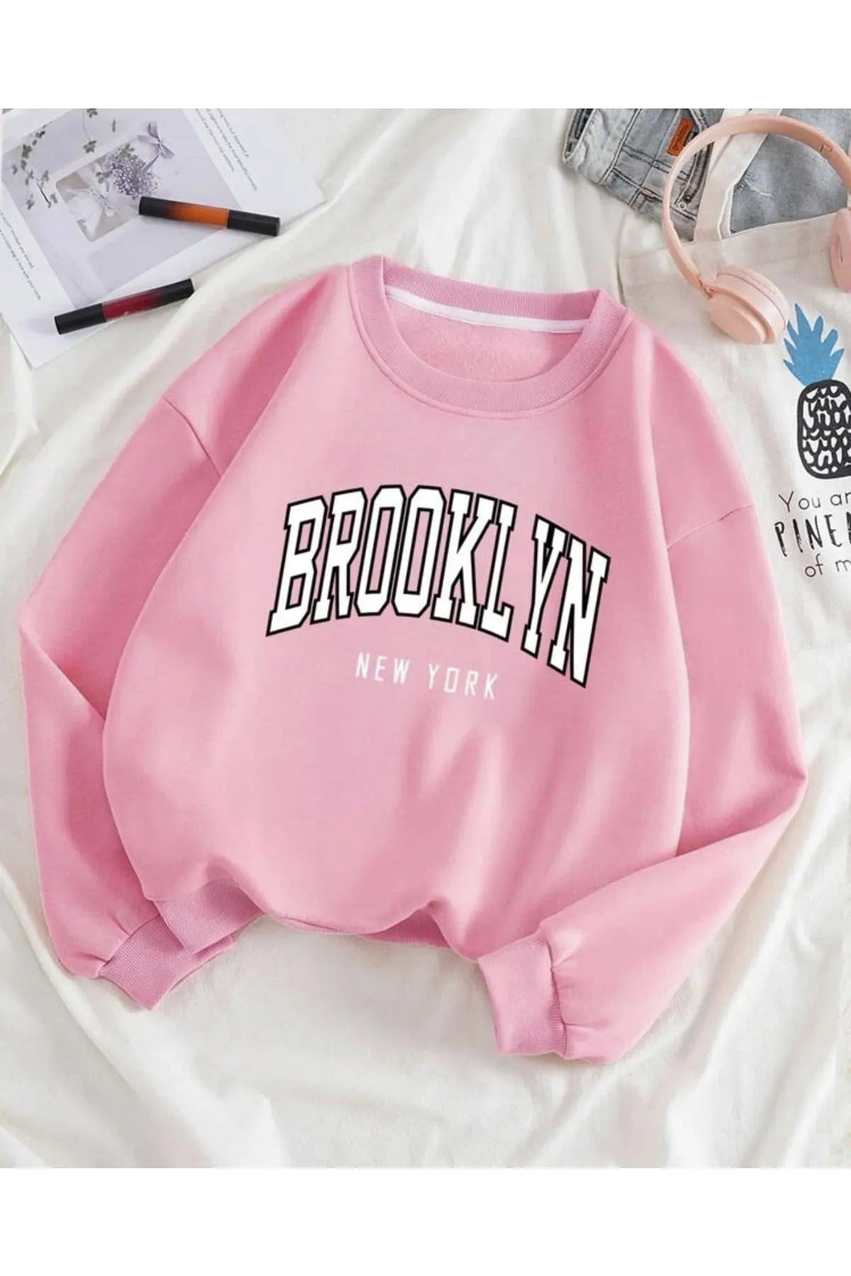 Ünisex Pembe Bronklyn Baskılı Oversize Sweatshirt 