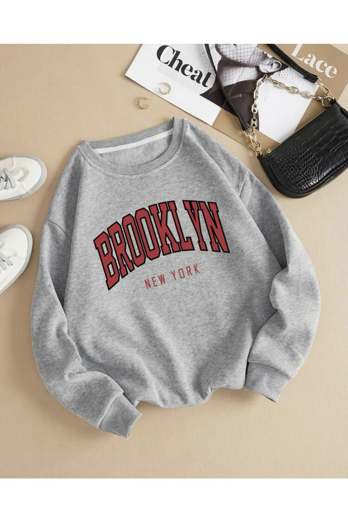  Ünisex Gri Bronklyn Baskılı Oversize Sweatshirt