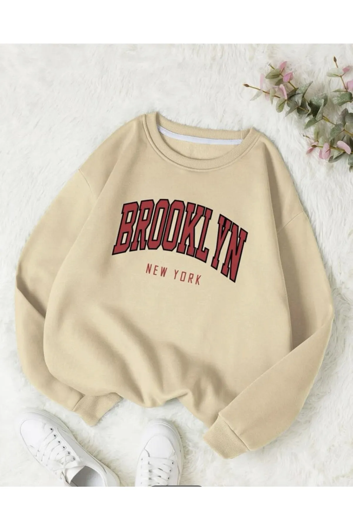 Ünisex Bej Bronklyn Baskılı Oversize Sweatshirt