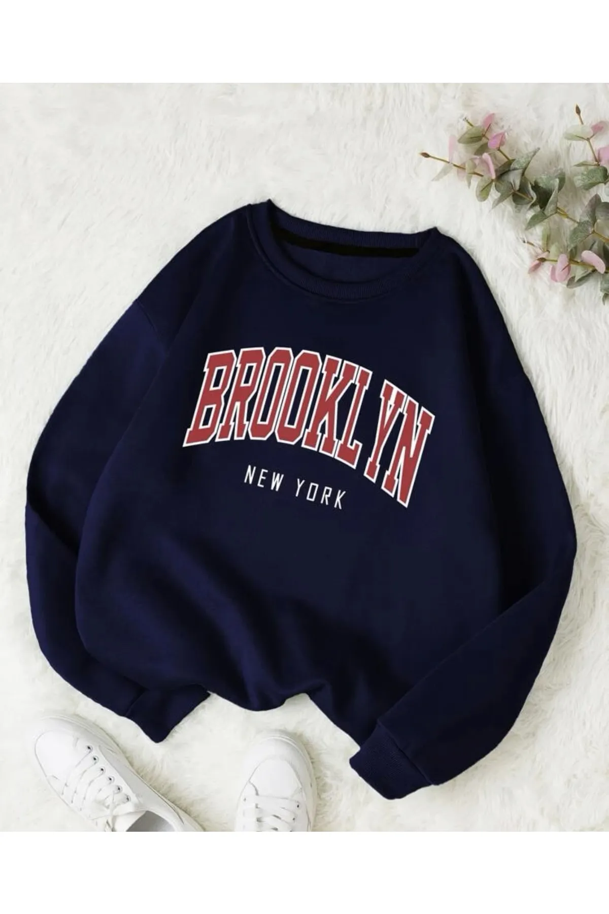 Ünisex Lacivert Bronklyn Baskılı Oversize Sweatshirt
